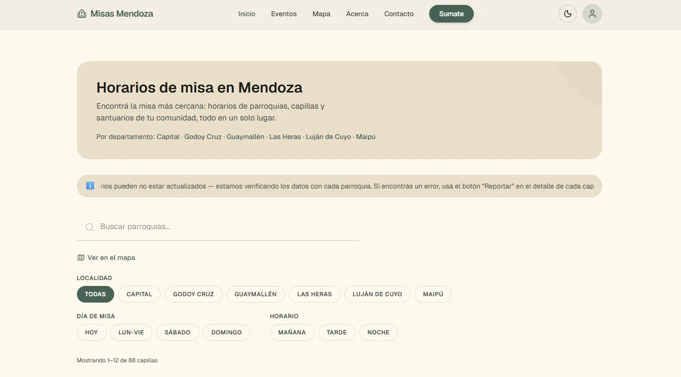 Inicio de Misas Mendoza, con el buscador y los filtros por departamento, día y horario