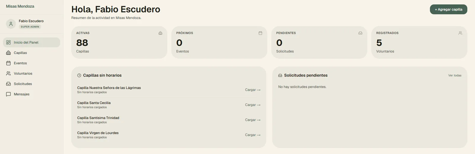 Resumen del panel: capillas activas, eventos, solicitudes y voluntarios